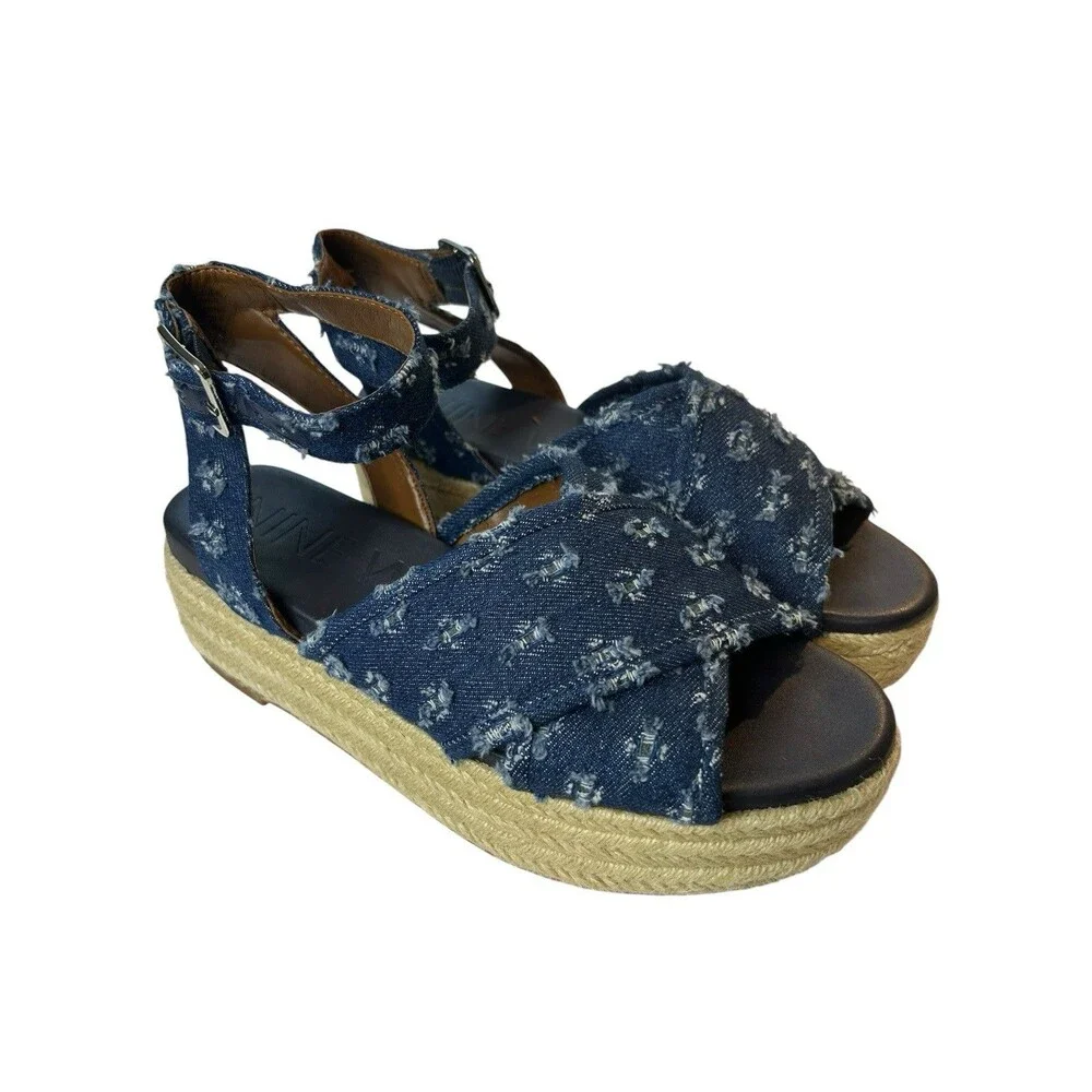 Nine West Espadrille Platform Sandals 6M Showrunner Denim Ankle Strap Open Toe